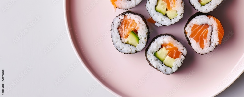 Sushi rolls with salmon and avocado on a pink plate, close-up. Japanese cuisine and food concept Sushi rolls with salmon and avocado on a pink plate, close-up. Japanese cuisine and food concept