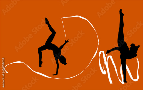 aro, gimnasia, deportes, acrobatas, gimnastas, silueta, vectores, gimnasia ritmica