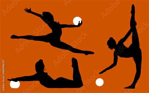 aro, gimnasia, deportes, acrobatas, gimnastas, silueta, vectores, gimnasia ritmica