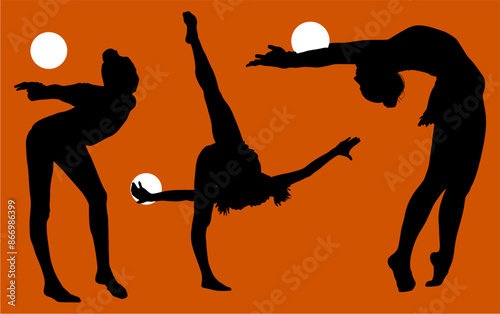 aro, gimnasia, deportes, acrobatas, gimnastas, silueta, vectores, gimnasia ritmica
