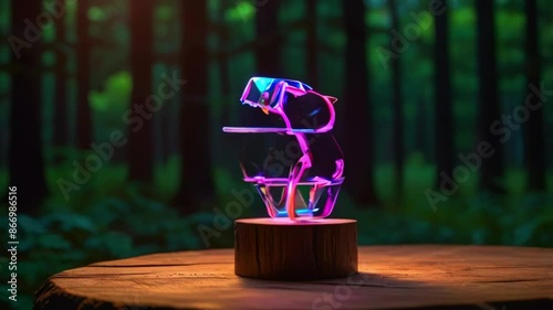 A video of a recycling purple geometric shape on a wooden table in a forest setting. photo