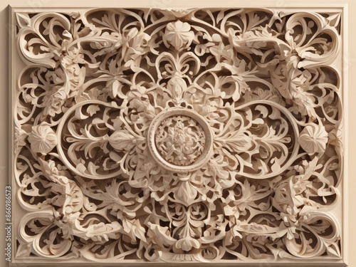 AI generative. 3d shape of classic flowers ornament carving with beige color for digital cnc cutting. 17