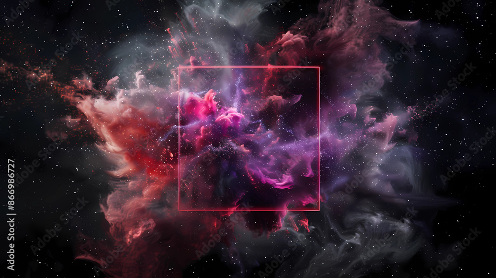Spectacular cosmic cloud explosion within transparent square with black background. Colorful nebula and stars in space. Digital art for wallpaper and creative design, Generative AI. Spectacular cosmic cloud explosion within transparent square with black background. Colorful nebula and stars in space. Digital art for wallpaper and creative design, Generative AI.
