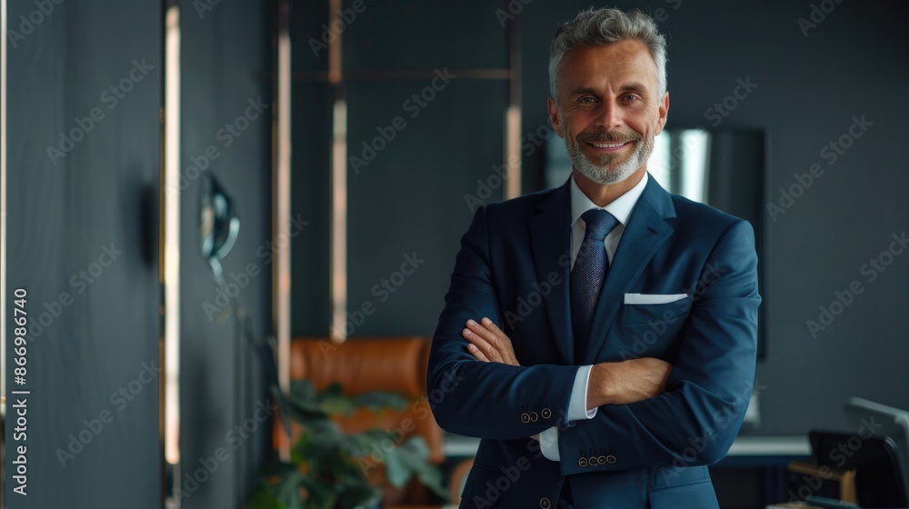 Happy middle aged business man ceo standing in office arms crossed. Smiling mature confident professional executive manager, proud lawyer, businessman leader wearing blue suit Happy middle aged business man ceo standing in office arms crossed. Smiling mature confident professional executive manager, proud lawyer, businessman leader wearing blue suit
