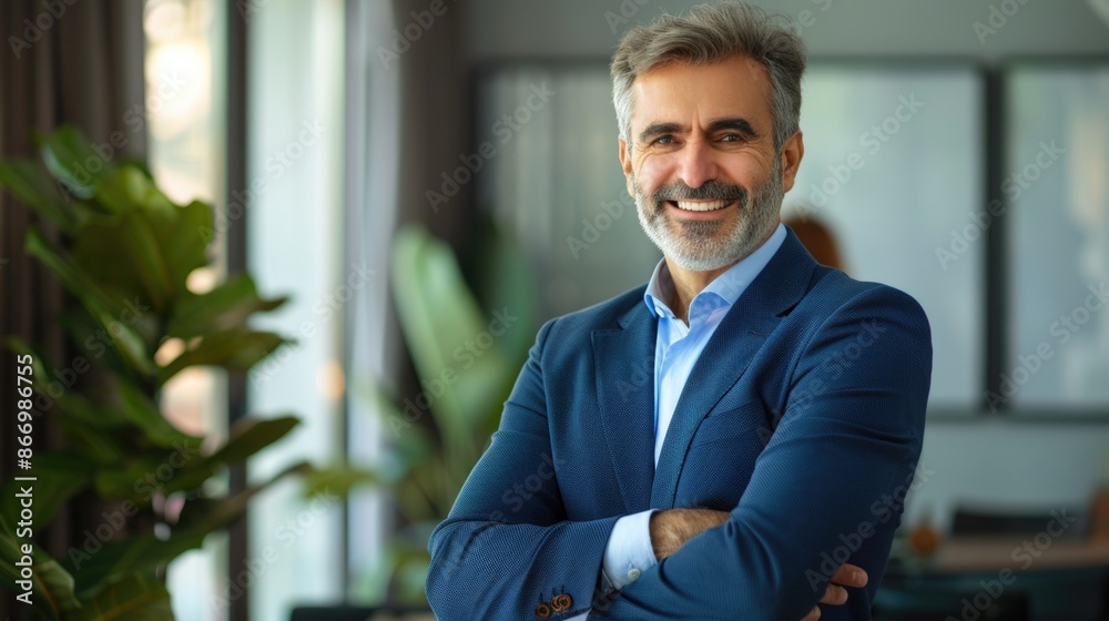 Happy middle aged business man ceo standing in office arms crossed. Smiling mature confident professional executive manager, proud lawyer, businessman leader wearing blue suit Happy middle aged business man ceo standing in office arms crossed. Smiling mature confident professional executive manager, proud lawyer, businessman leader wearing blue suit