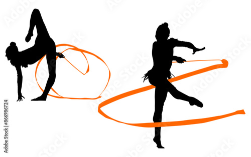 aro, gimnasia, deportes, acrobatas, gimnastas, silueta, vectores, gimnasia ritmica