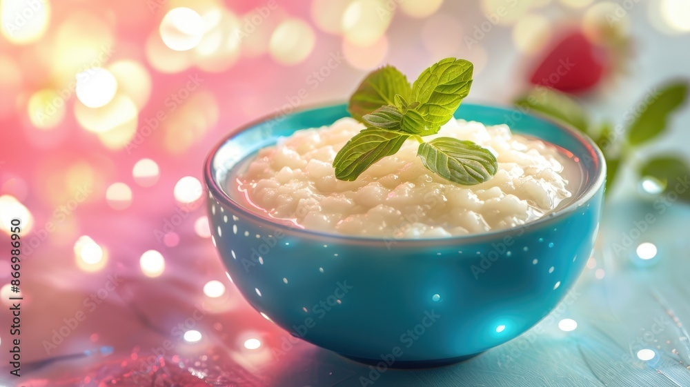 Creamy rice pudding in blue bowl with mint garnish, festive background Creamy rice pudding in blue bowl with mint garnish, festive background