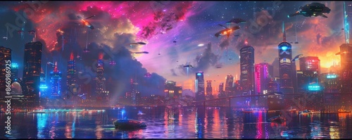 A visually stunning futuristic cityscape featuring floating skyscrapers above the ocean as the sun sets in the horizon AIG59 photo