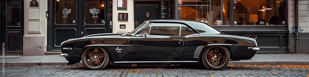 custom made wallpaper toronto digitalOld black classic muscle car near café on he street