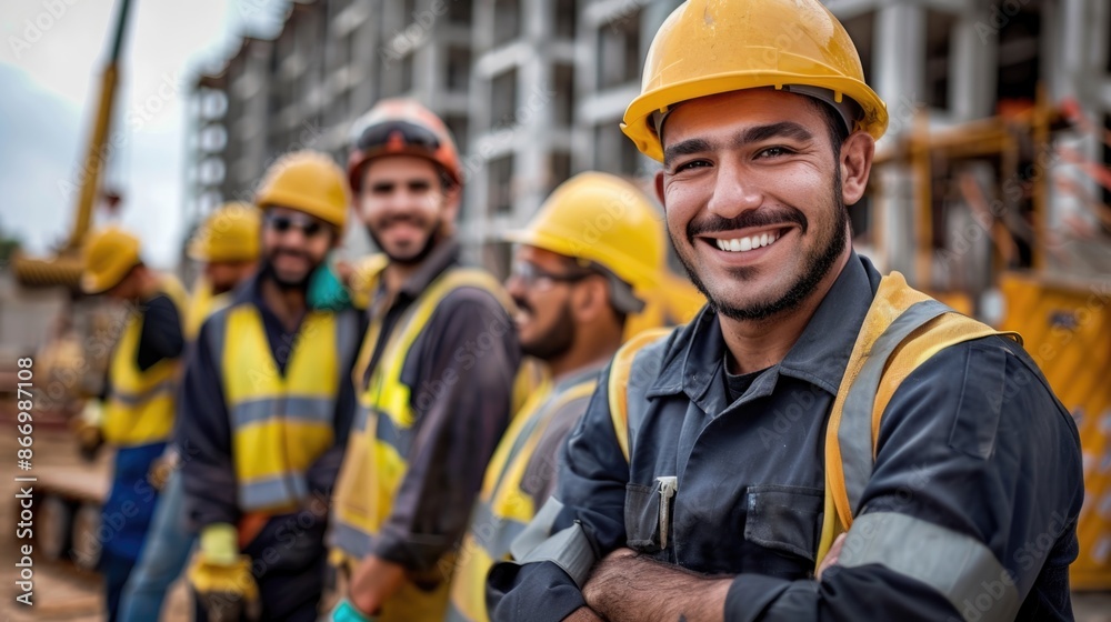 Obraz premium A group of smiling construction workers wearing uniforms