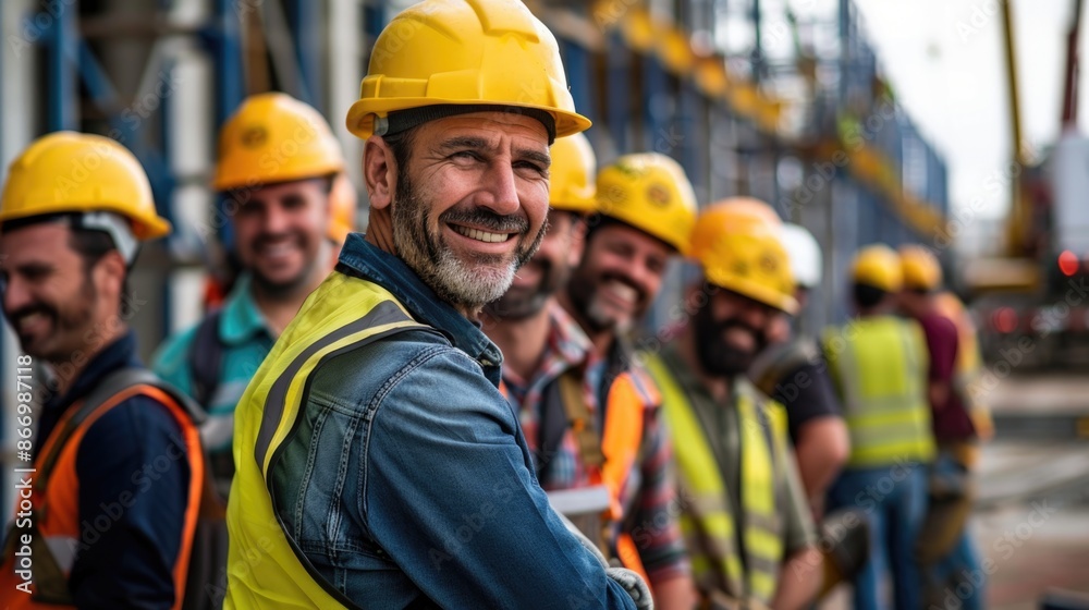 A group of smiling construction workers wearing uniforms A group of smiling construction workers wearing uniforms