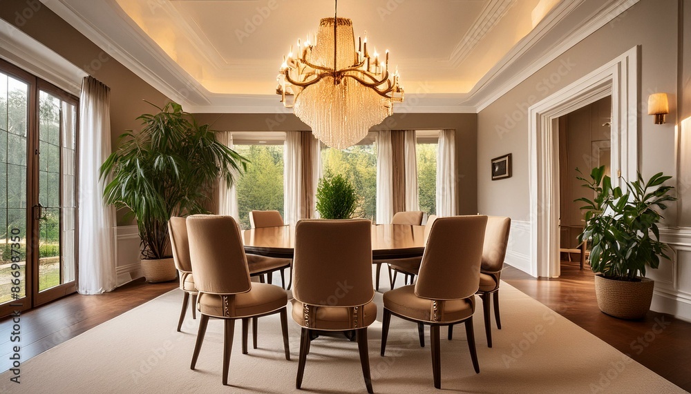 A chic dining room with a round table, elegant chairs, and a chandelier hanging above A chic dining room with a round table, elegant chairs, and a chandelier hanging above
