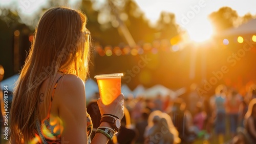 Woman holding drink at outdoor event during sunset