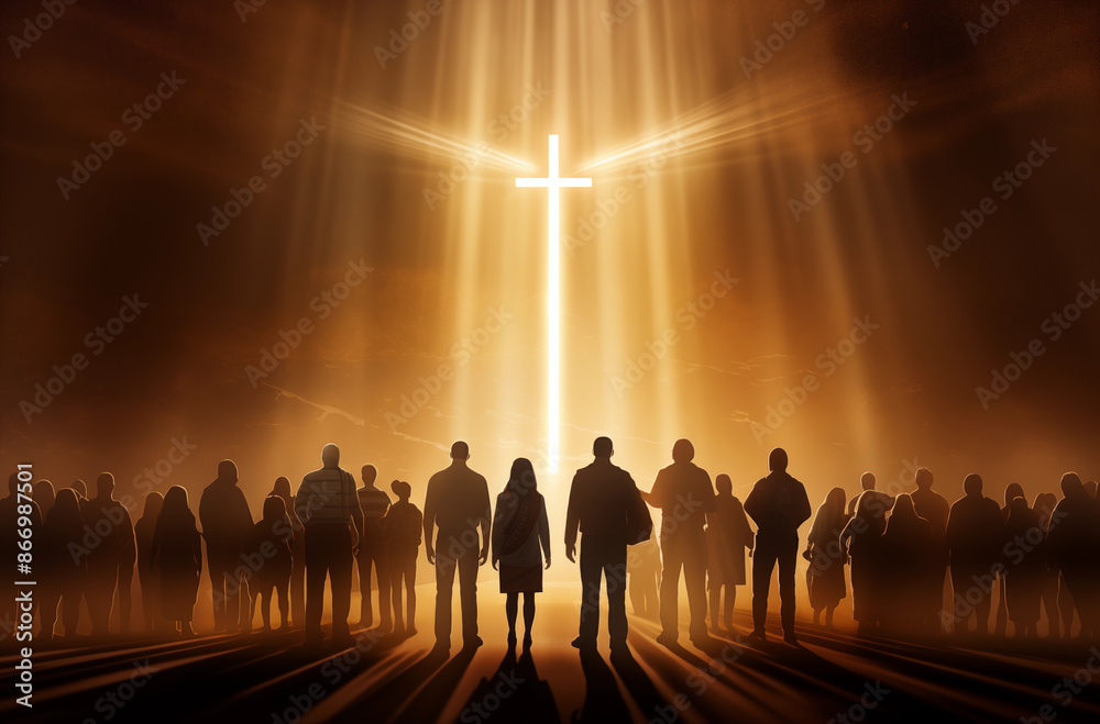 Fototapeta premium A group of people gathered around a glowing cross, bathed in golden spiritual light