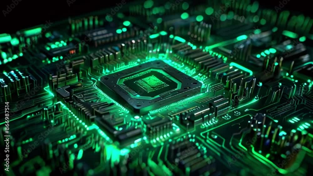 A close-up of a computer circuit board with a glowing green light. A close-up of a computer circuit board with a glowing green light.