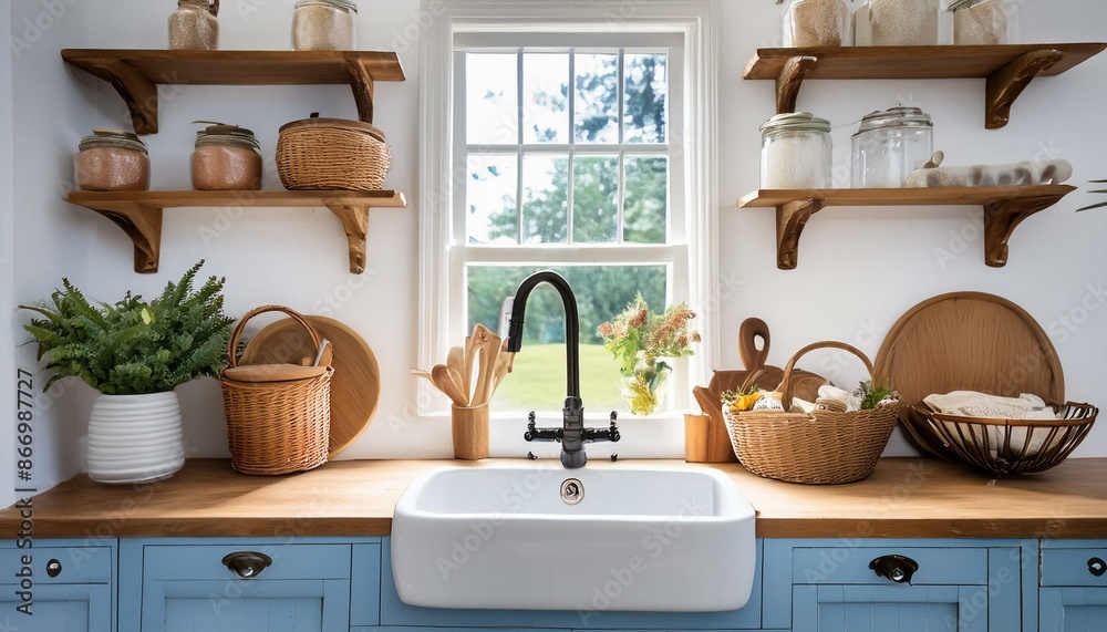A farmhouse-style kitchen with a farmhouse sink, open shelves, and vintage accessories A farmhouse-style kitchen with a farmhouse sink, open shelves, and vintage accessories