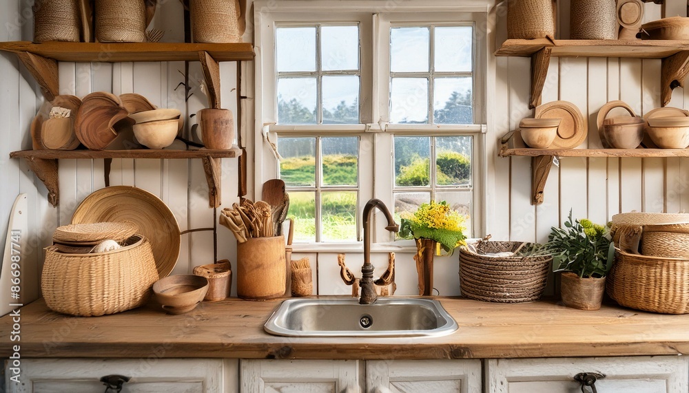 A farmhouse-style kitchen with a farmhouse sink, open shelves, and vintage accessories A farmhouse-style kitchen with a farmhouse sink, open shelves, and vintage accessories