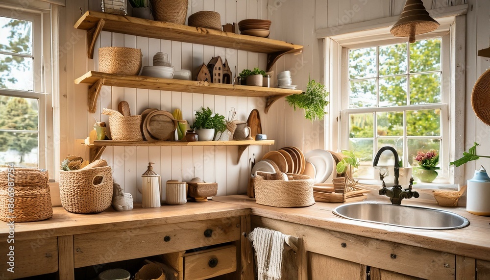 A farmhouse-style kitchen with a farmhouse sink, open shelves, and vintage accessories A farmhouse-style kitchen with a farmhouse sink, open shelves, and vintage accessories