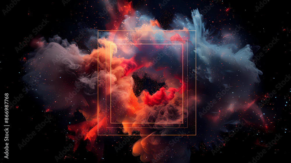Spectacular cosmic cloud explosion within transparent square with black background. Colorful nebula and stars in space. Digital art for wallpaper and creative design, Generative AI. Spectacular cosmic cloud explosion within transparent square with black background. Colorful nebula and stars in space. Digital art for wallpaper and creative design, Generative AI.
