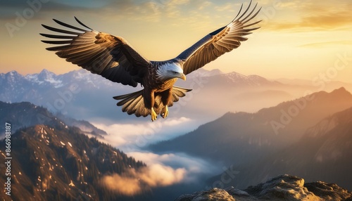 A lone eagle soaring above the mountain peaks, wings catching the early morning sun, The majestic beauty of this sight is something to be cherished. The eagle is a symbol of freedom and strength, and  photo
