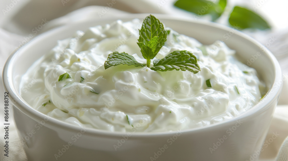 a bowl of thick, creamy yogurt mixed with herbs, topped with a sprig of fresh mint, in a pristine white bowl a bowl of thick, creamy yogurt mixed with herbs, topped with a sprig of fresh mint, in a pristine white bowl