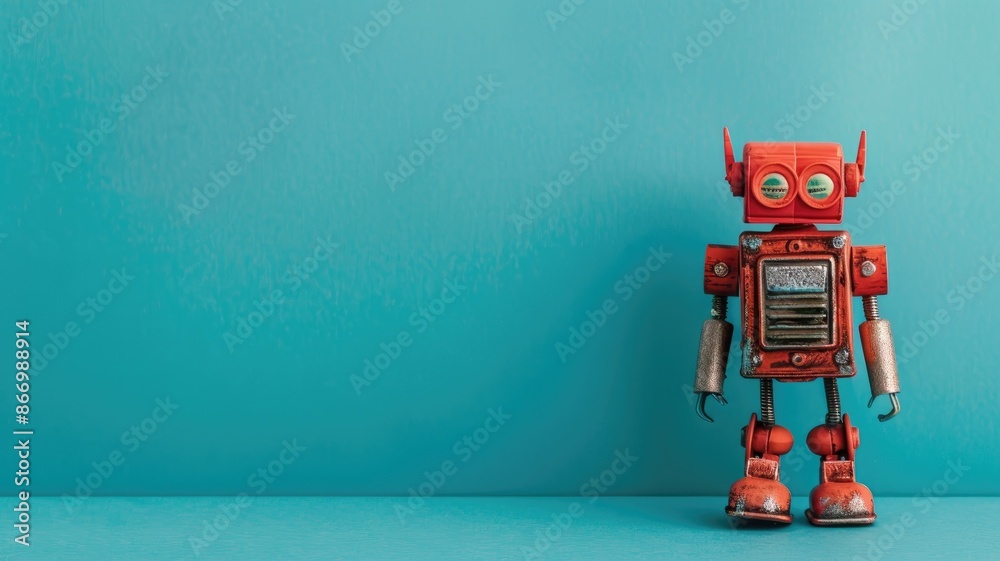 Obraz premium Red vintage toy robot with teal background