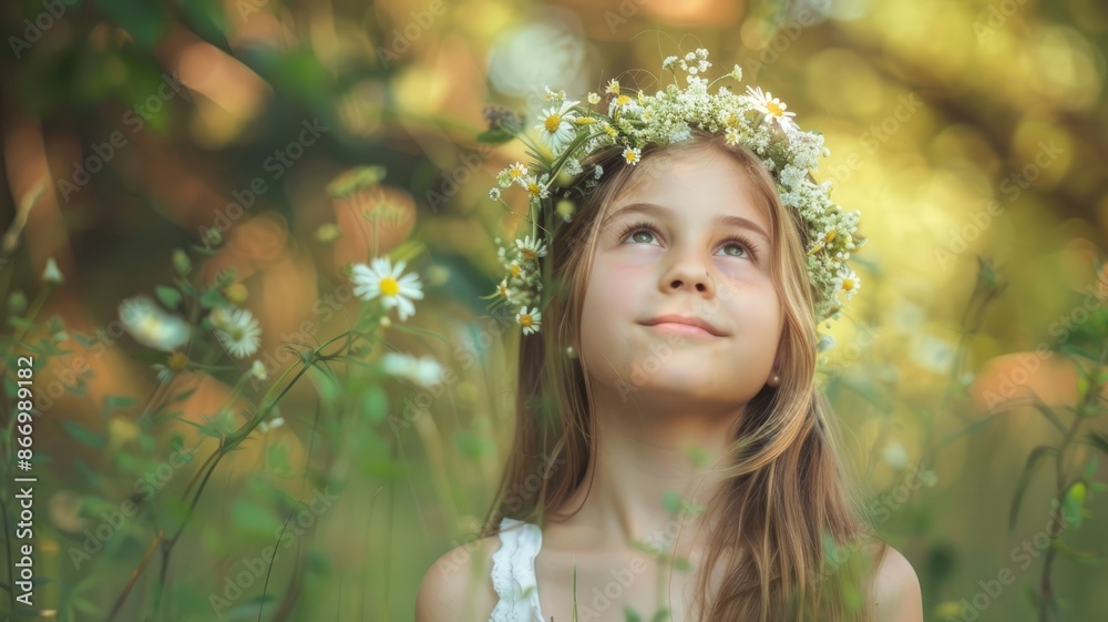 Young girl with flower crown in serene garden Young girl with flower crown in serene garden