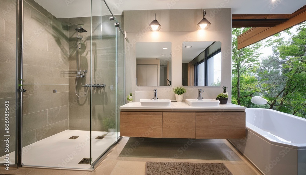 A minimalist bathroom with a walk-in shower, floating vanity, and sleek fixtures