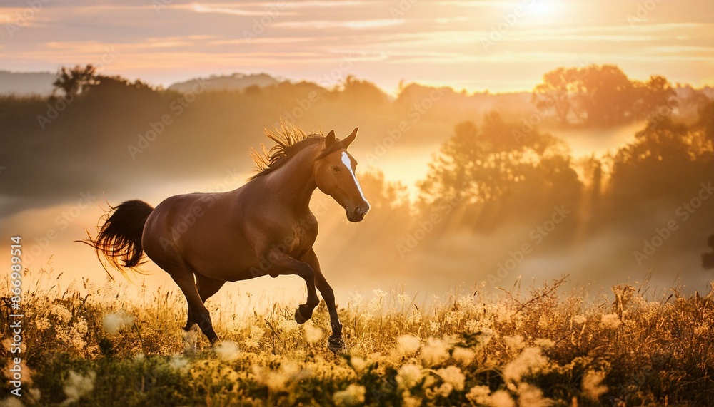 A horse galloping through a meadow at sunrise A horse galloping through a meadow at sunrise