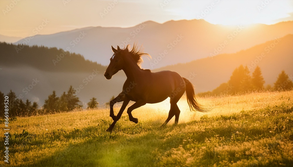 A horse galloping through a meadow at sunrise A horse galloping through a meadow at sunrise
