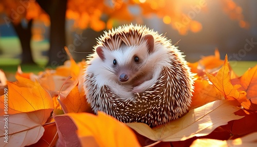 A hedgehog curled up in a ball on a bed of leaves photo