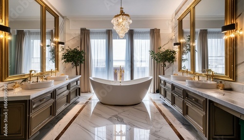 A luxurious bathroom with a freestanding bathtub, marble floors, and gold fixtures  photo