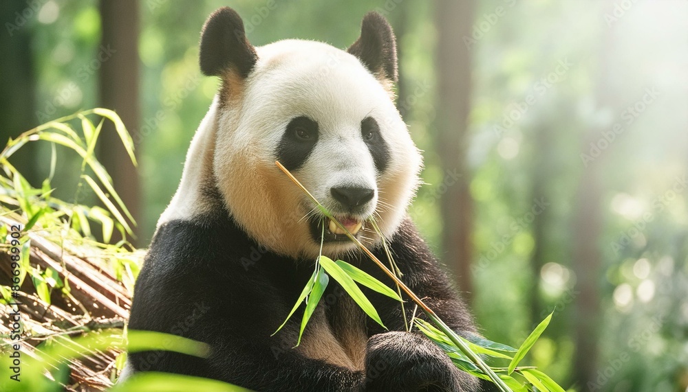 Fototapeta premium A panda bear eating bamboo in a lush green forest