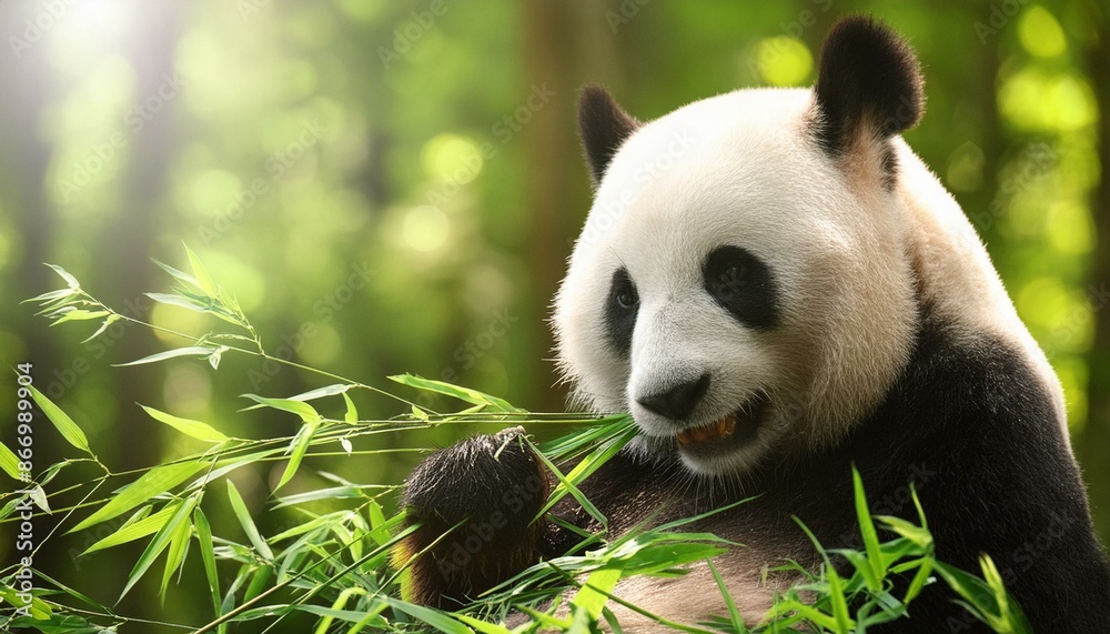 A panda bear eating bamboo in a lush green forest A panda bear eating bamboo in a lush green forest