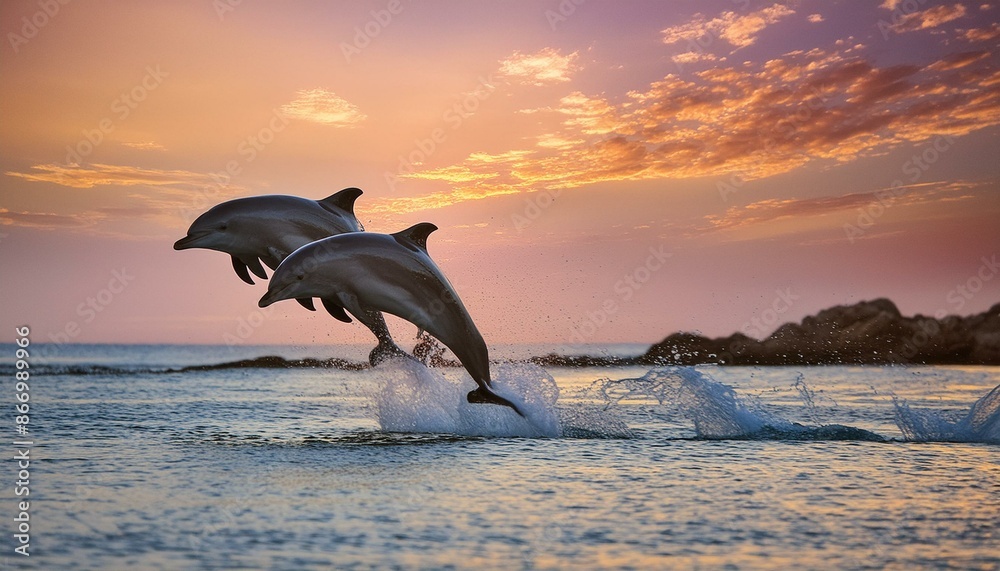 Fototapeta premium A pair of dolphins jumping out of the water at sunset