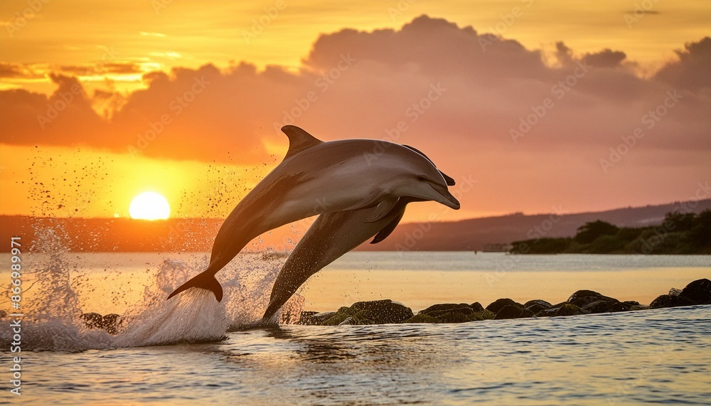 Fototapeta premium A pair of dolphins jumping out of the water at sunset