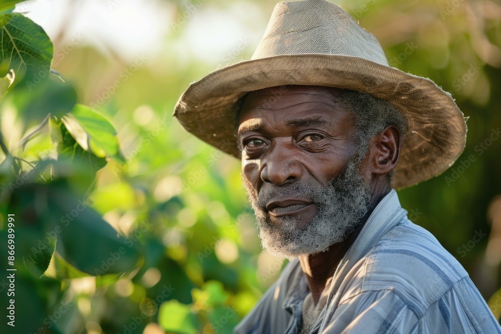 Portrait of a senior farmer with a grey beard wearing a straw hat standing in a field Portrait of a senior farmer with a grey beard wearing a straw hat standing in a field