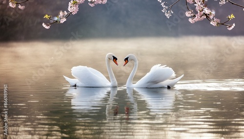 A pair of swans gliding gracefully across a lake photo