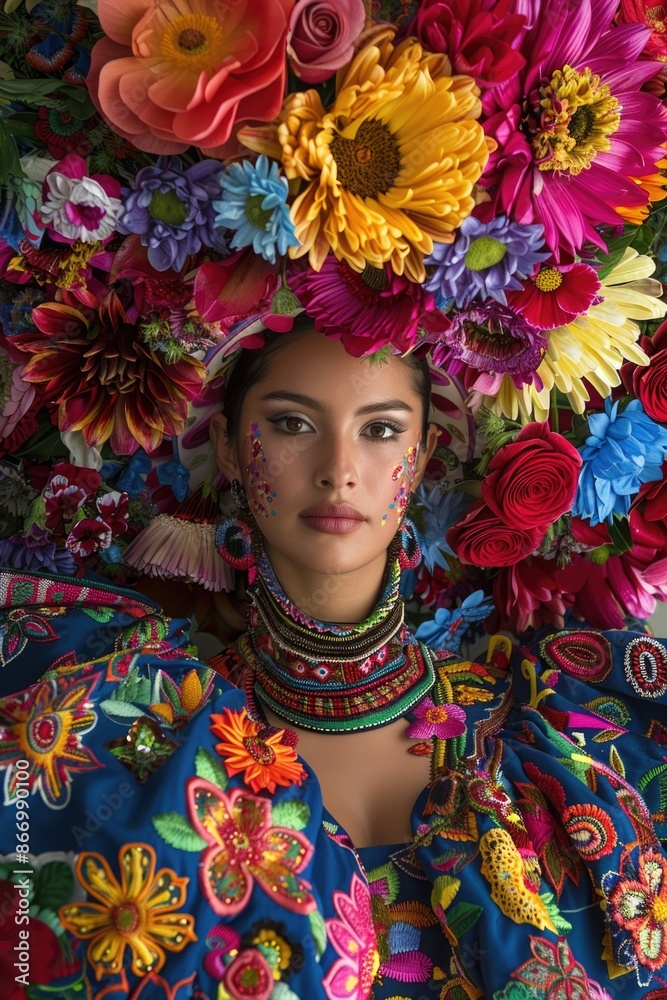 Fototapeta premium Cheerful flower fiesta, joyous feria de las flores, blossoms - celebrating the exuberance of Colombia's floral festival, where blooms abound in a colorful and festive atmosphere.