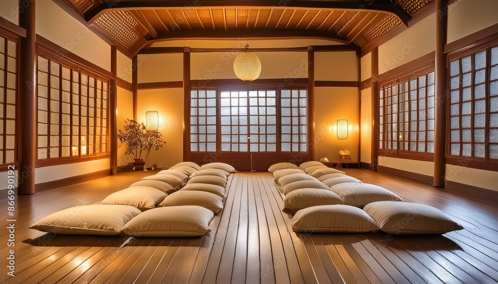 A serene meditation room with floor cushions, low lighting, and a calming ambiance A serene meditation room with floor cushions, low lighting, and a calming ambiance