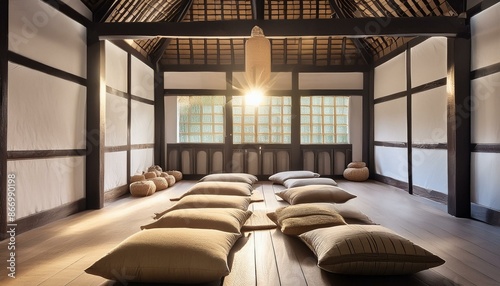 A serene meditation room with floor cushions, low lighting, and a calming ambiance photo