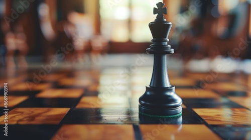 Chess king piece on a wooden chessboard in a room, strategy game concept