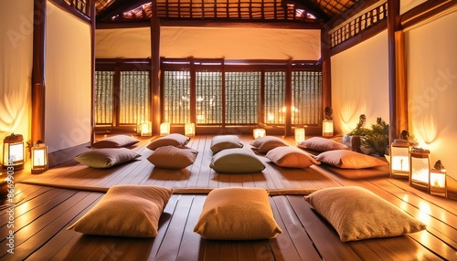 A serene meditation room with floor cushions, low lighting, and a calming ambiance photo