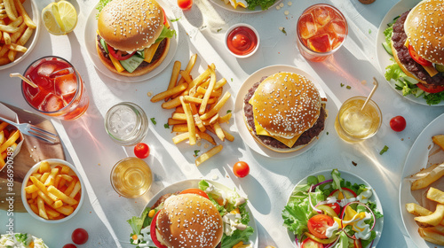 Wallpaper Mural a fast food feast, featuring juicy burgers, crispy fries, fresh salads, and cold beverages Torontodigital.ca