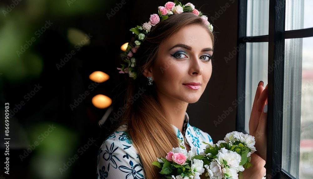beatiful girl with flower dress near a window; creative makeup beatiful girl with flower dress near a window; creative makeup