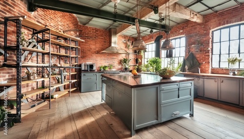 An industrial kitchen with exposed brick walls, metal shelving, and a large island