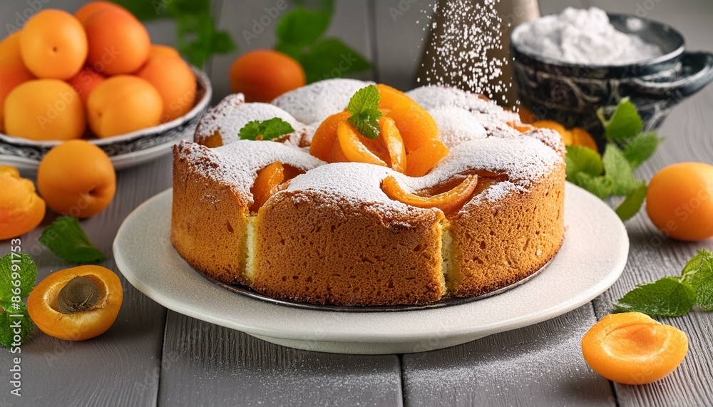 cake with apricots and powdered sugar; dessert; high quality photo cake with apricots and powdered sugar; dessert; high quality photo