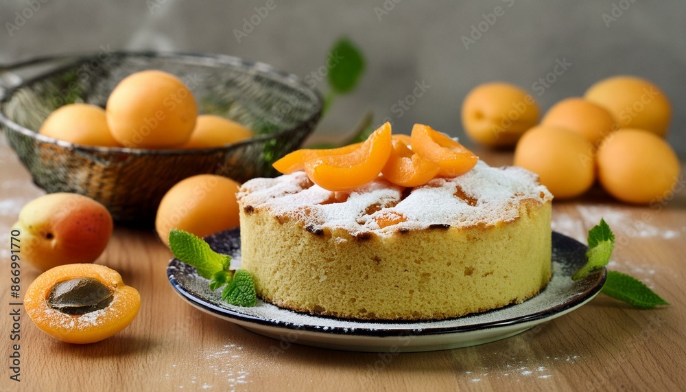 cake with apricots and powdered sugar; dessert; high quality photo cake with apricots and powdered sugar; dessert; high quality photo