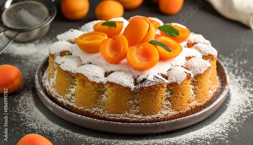 cake with apricots and powdered sugar; dessert; high quality photo