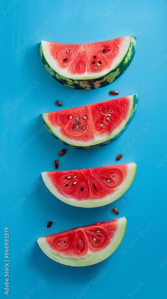 Slices of fresh watermelon on a blue background, close-up. Summer fruit concept Slices of fresh watermelon on a blue background, close-up. Summer fruit concept